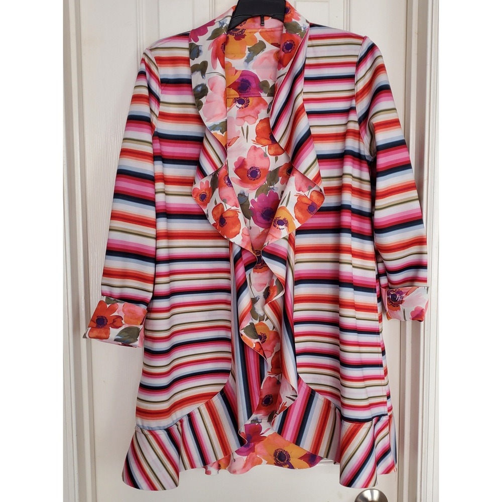 Reversible Multicolor Striped Floral‎ Waterfall Cardigan Jacket Women's Large?